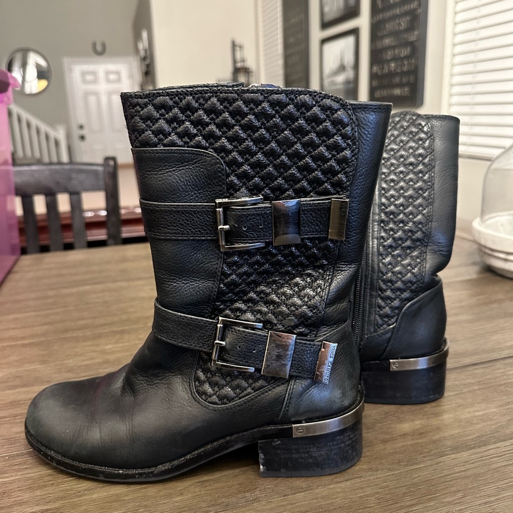 Vince Camuto Black Quilted Leather Mid-Calf Moto Boots